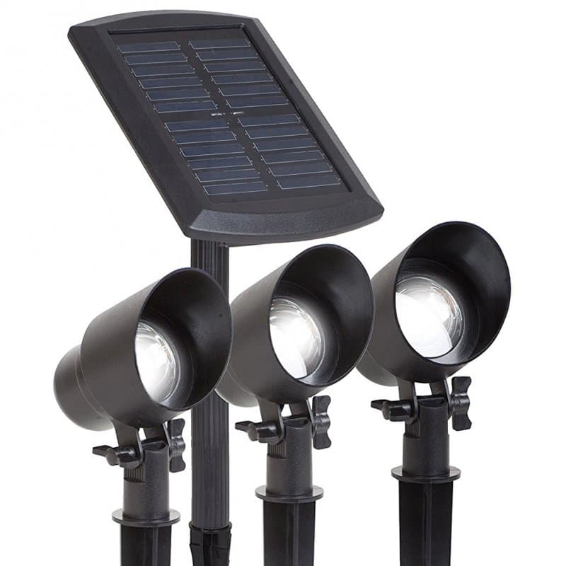 Chauffage solaire Maximus 3x LED dans l'emballage avec panneau solaire externe, 15 lumens par projecteur et pointes au sol
