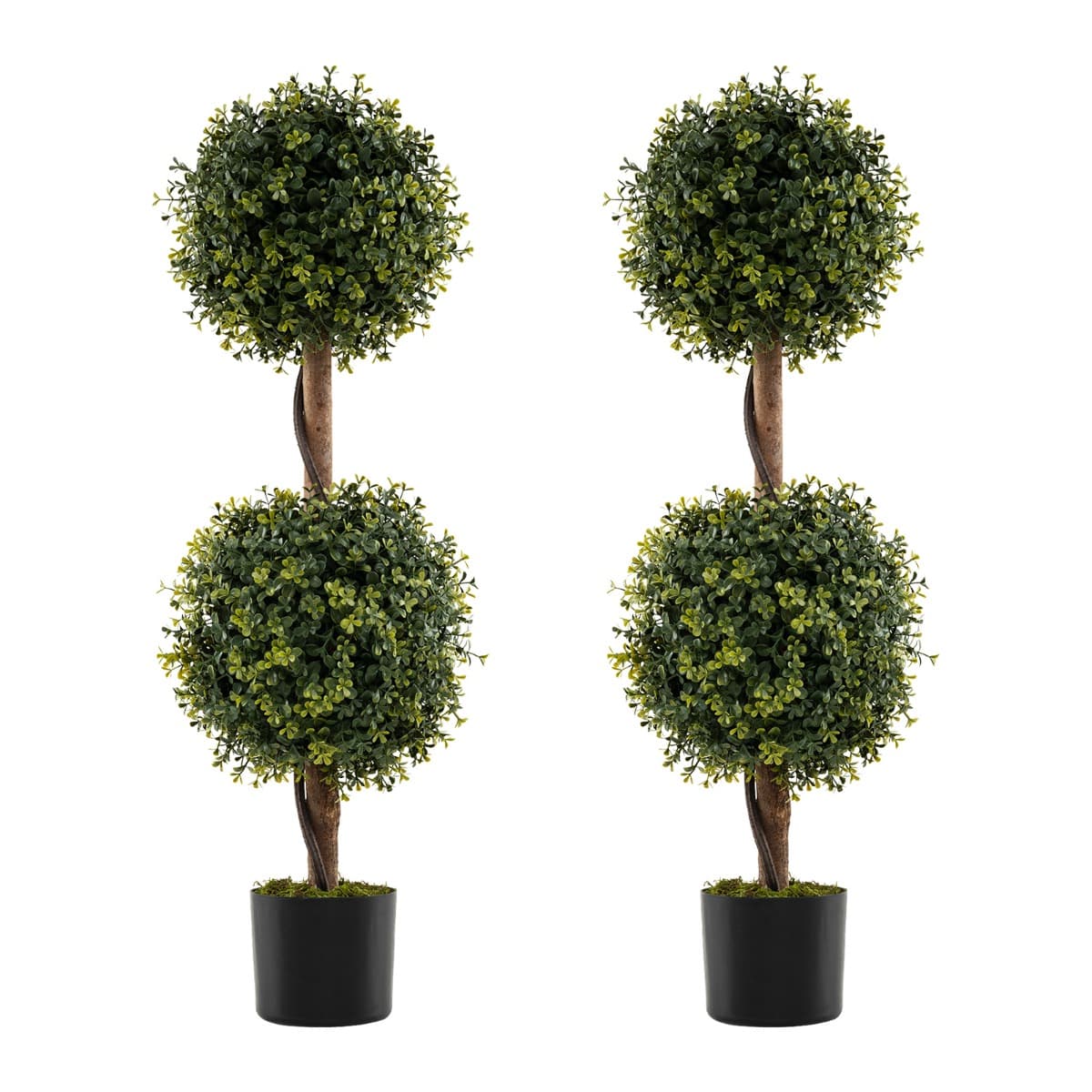 CostwayLot de 2 Arbres Artificiels Topiaire 90cm avec Double Boule Fausse Plante en Pot Rempli de Ciment avec Mousse Naturelle