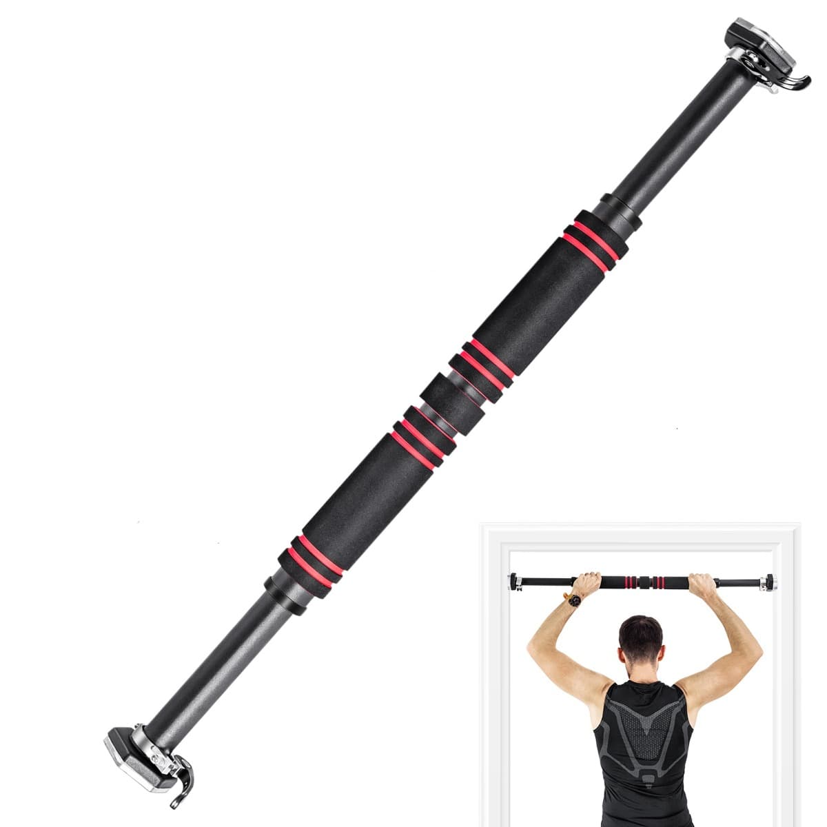 CostwayBarre de Traction pour Porte Largeur Réglable de 65 à 100 CM Installation sans Vis avec Poignée en Mousse Antidérapante Noir