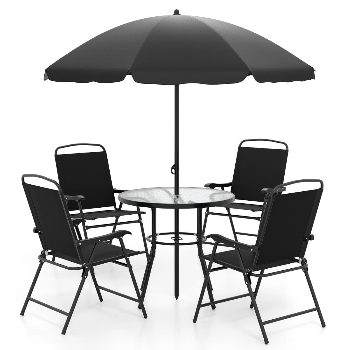CostwayEnsemble de Jardin 6 Pièces avec Parasol Ensemble de Table et Chaises d'extérieur avec 4 Chaises Pliantes Noir