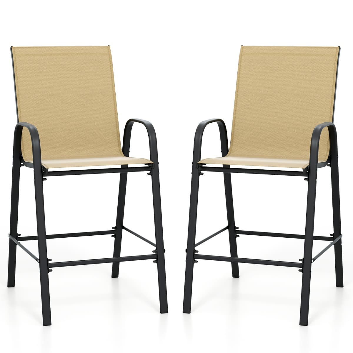 CostwayLot de 2 Tabourets de Bar Extérieurs en Tissu avec Accoudoirs Repose-pieds Siège Agrandi&Cadre en Métal Chaises de Bar à Dossier Haut Beige
