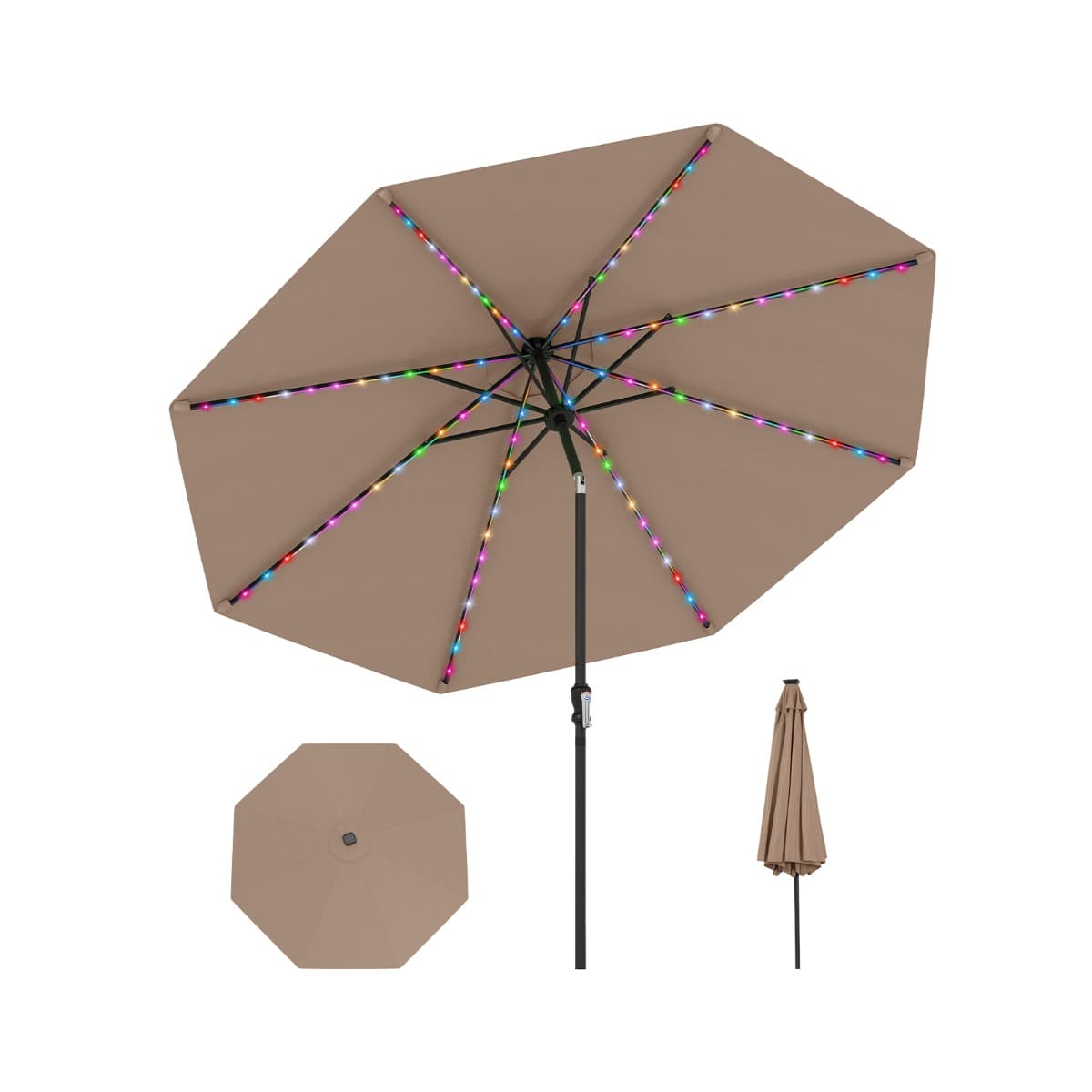 CostwayParasol de Patio Solaire de 3 m avec 96 Lumières LED à 9 Modes Inclinaison Réglable Manivelle Facile 8 Baleines Toit Aéré Café