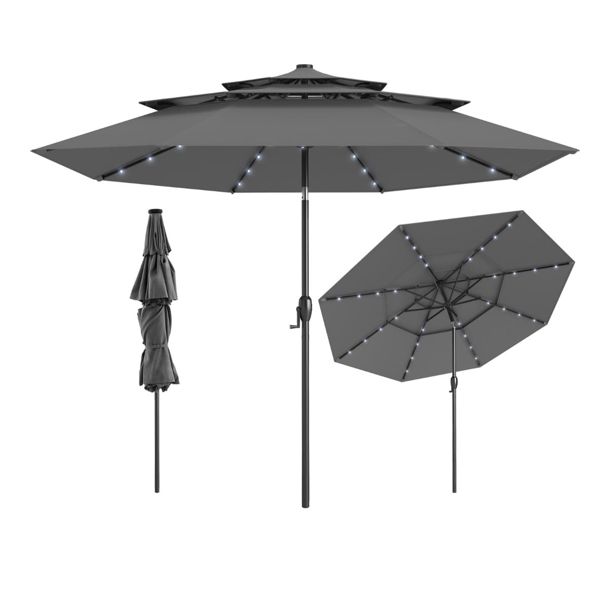 CostwayParasol de Patio Solaire de 313 cm avec 32 Lumières LED Toit Aéré à 3 Niveaux Réglage d'Inclinaison Manivelle Facile 8 Barres Gris