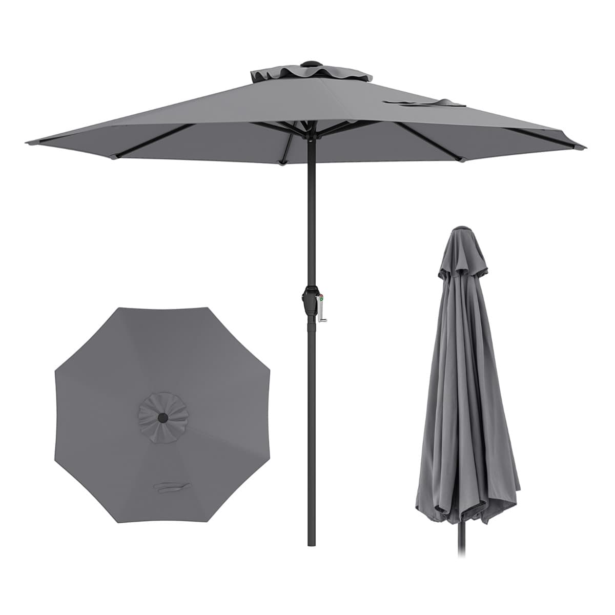 CostwayParasol de Terrasse de 260 cm Parasol à Manivelle avec 8 Baleines Robustes Dessus Ventilé Protection Solaire Parasol de Table Gris