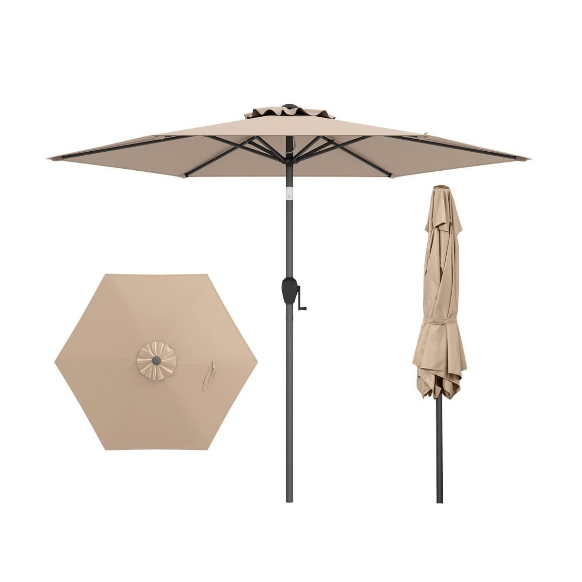 CostwayParasol de Terrasse 230 cm Parasol Robuste avec Inclinaison par Bouton-Poussoir Manivelle Toile Ventilée Angle Réglable Brun Clair