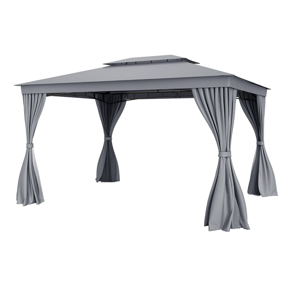 CostwayTonnelle 397x296cm avec Moustiquaire Rideau Toit à Auvent à 2 Niveaux Structure en Métal Robuste Gazebo à Double Toit Imperméable Gris