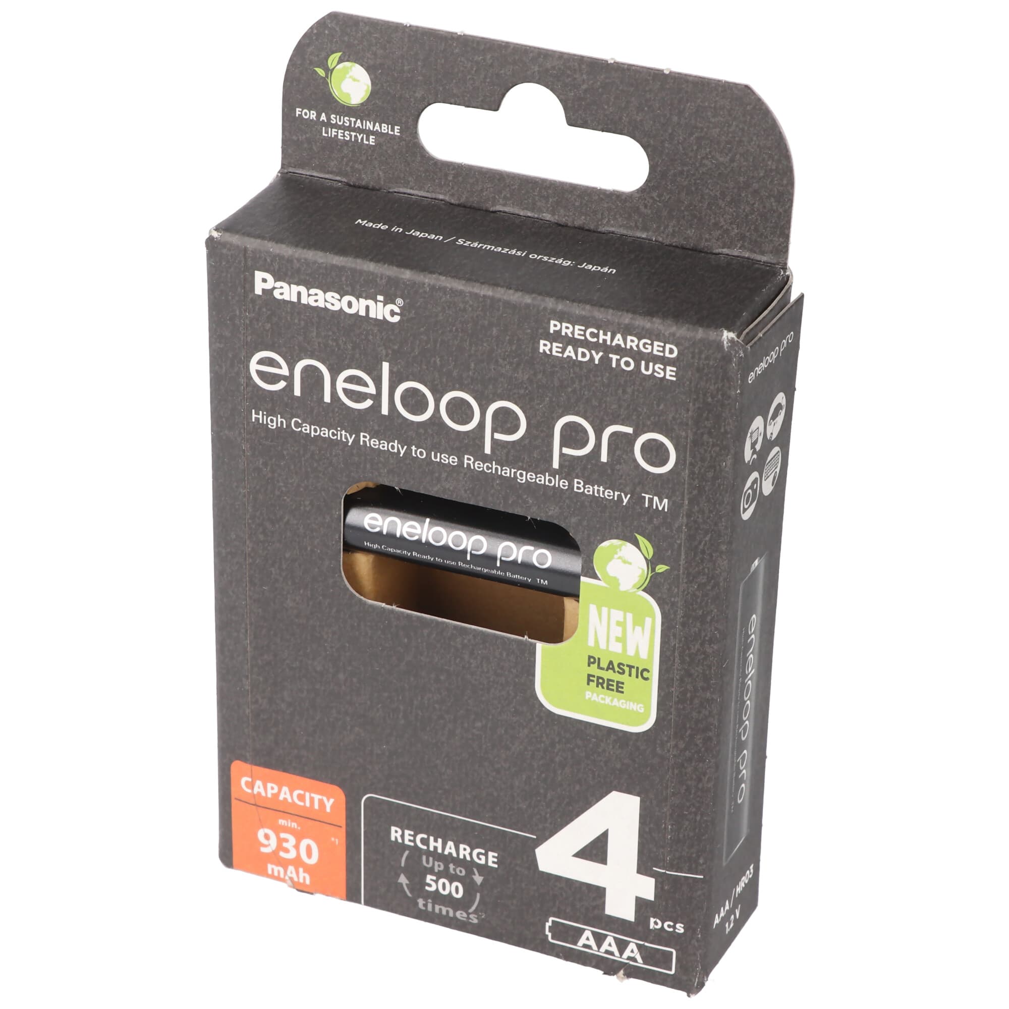 Panasonic eneloop pro, préchargé, blister de vente au détail (lot de 4) Batterie rechargeable BK-4HCDE/4BE NiMH, Micro, AAA, HR03, 1,2 V et 930 mAh